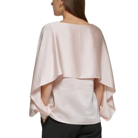 DKNY Womens Petite Solid Crewneck Smocked-Cuff Cape Blouse Champagne Pink PM - Picture 6 of 8